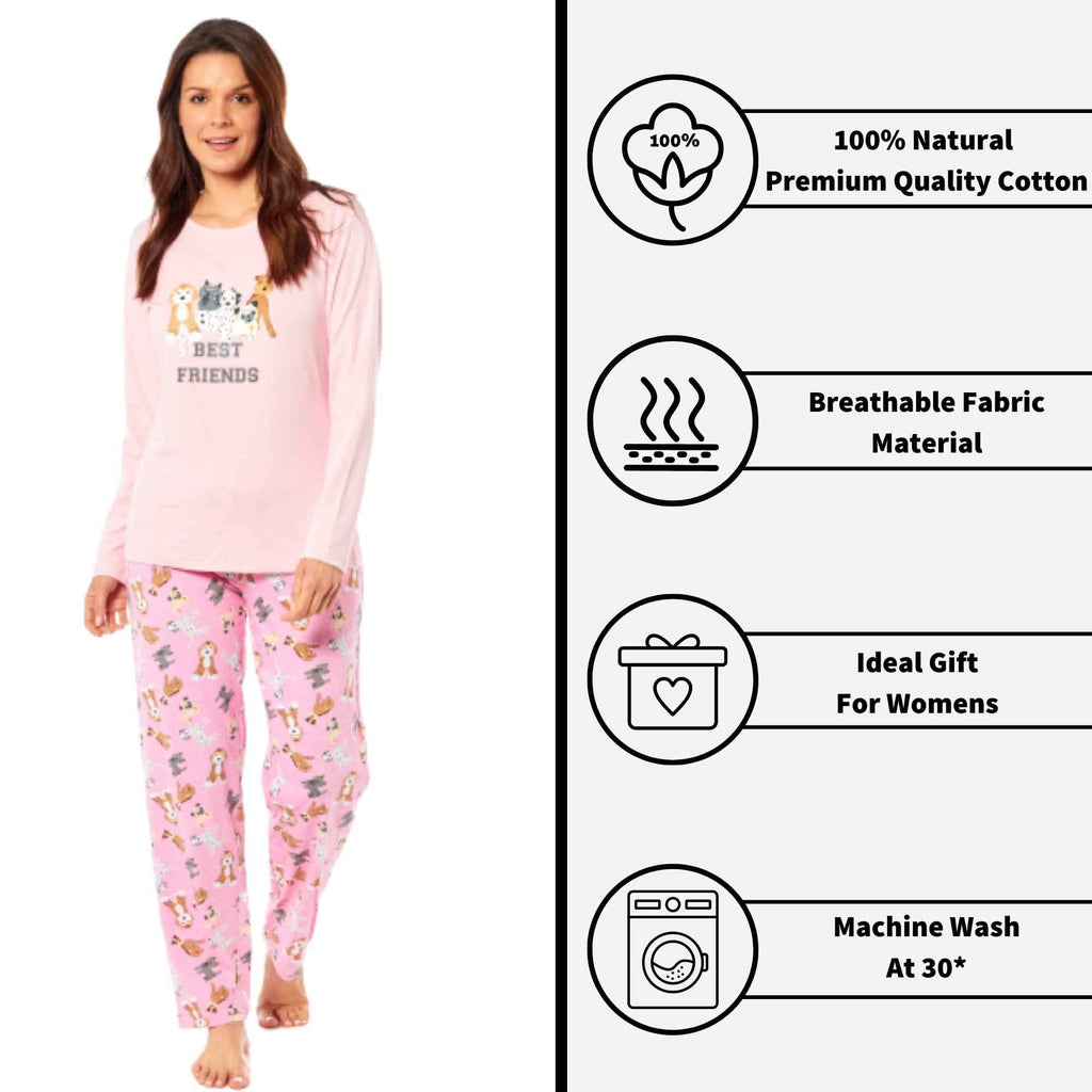 Daisy Dreamer Women's Soft Pink Dogs Pyjama Lounge Set Jersey Cotton Easy Care Super Soft Cosy Sleepwear