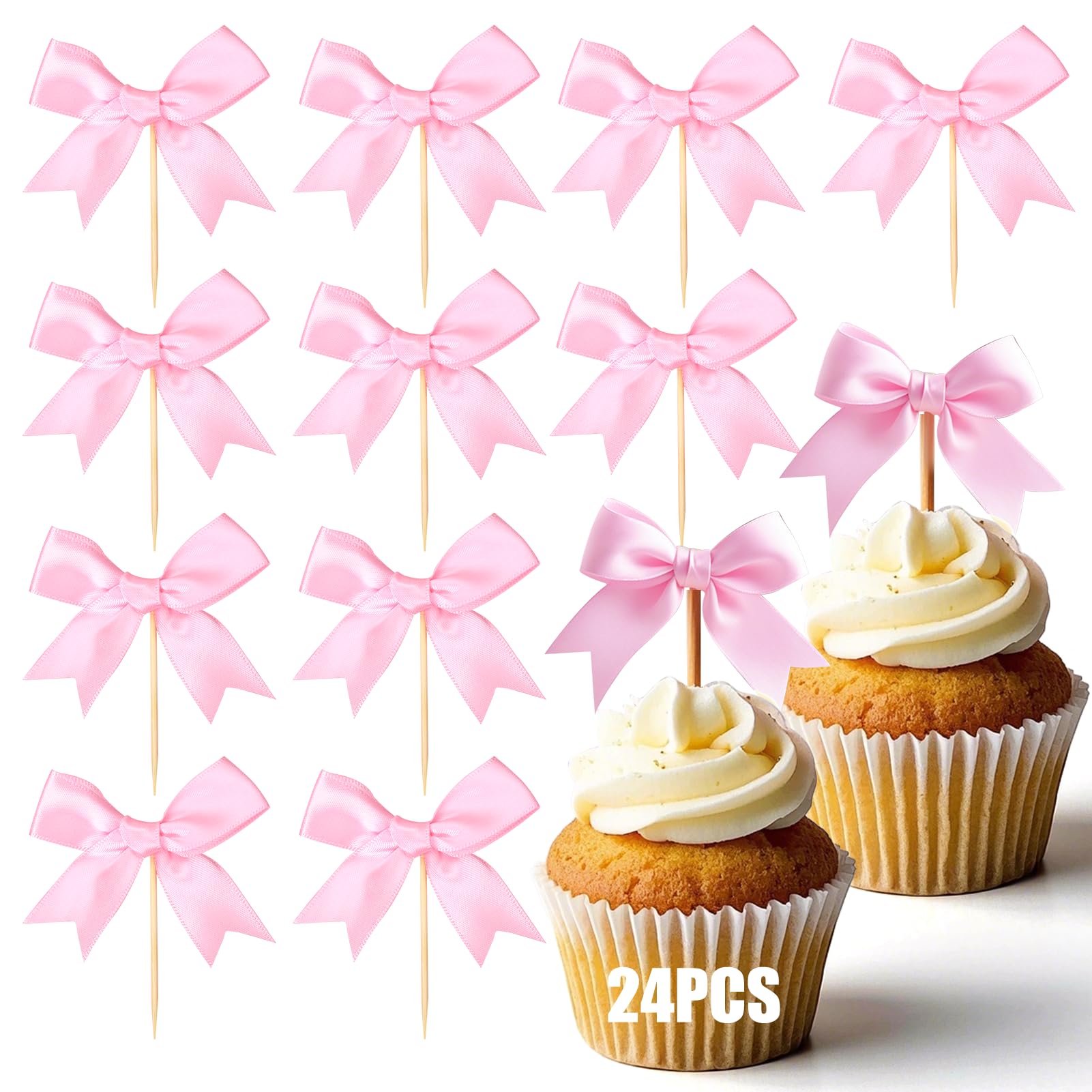 Solldgt 24Pcs Pink Bow Cupcake Toppers – Elegant Bowknot Picks for Celebrations
