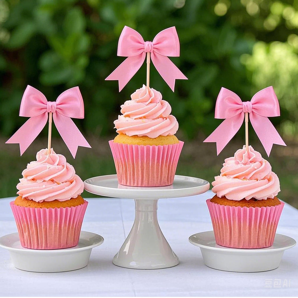 Solldgt 24Pcs Pink Bow Cupcake Toppers – Elegant Bowknot Picks for Celebrations