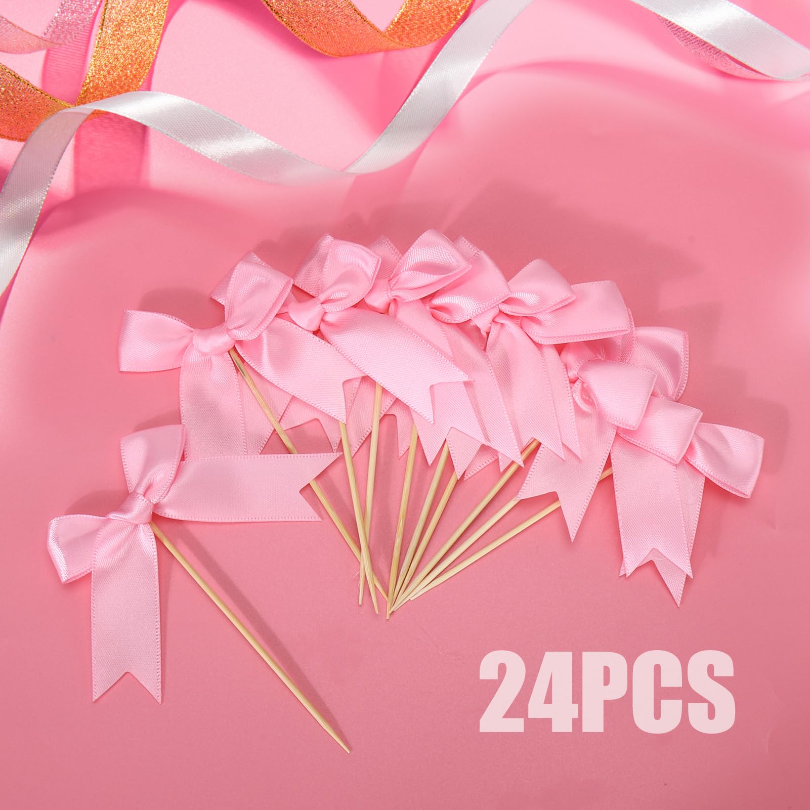 Solldgt 24Pcs Pink Bow Cupcake Toppers – Elegant Bowknot Picks for Celebrations