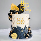 SONICEBUY 44Pcs Black & Gold Cake Topper Set – Balls, Palm Leaves, Acrylic Numbers 0-9, Happy Birthday Toppers