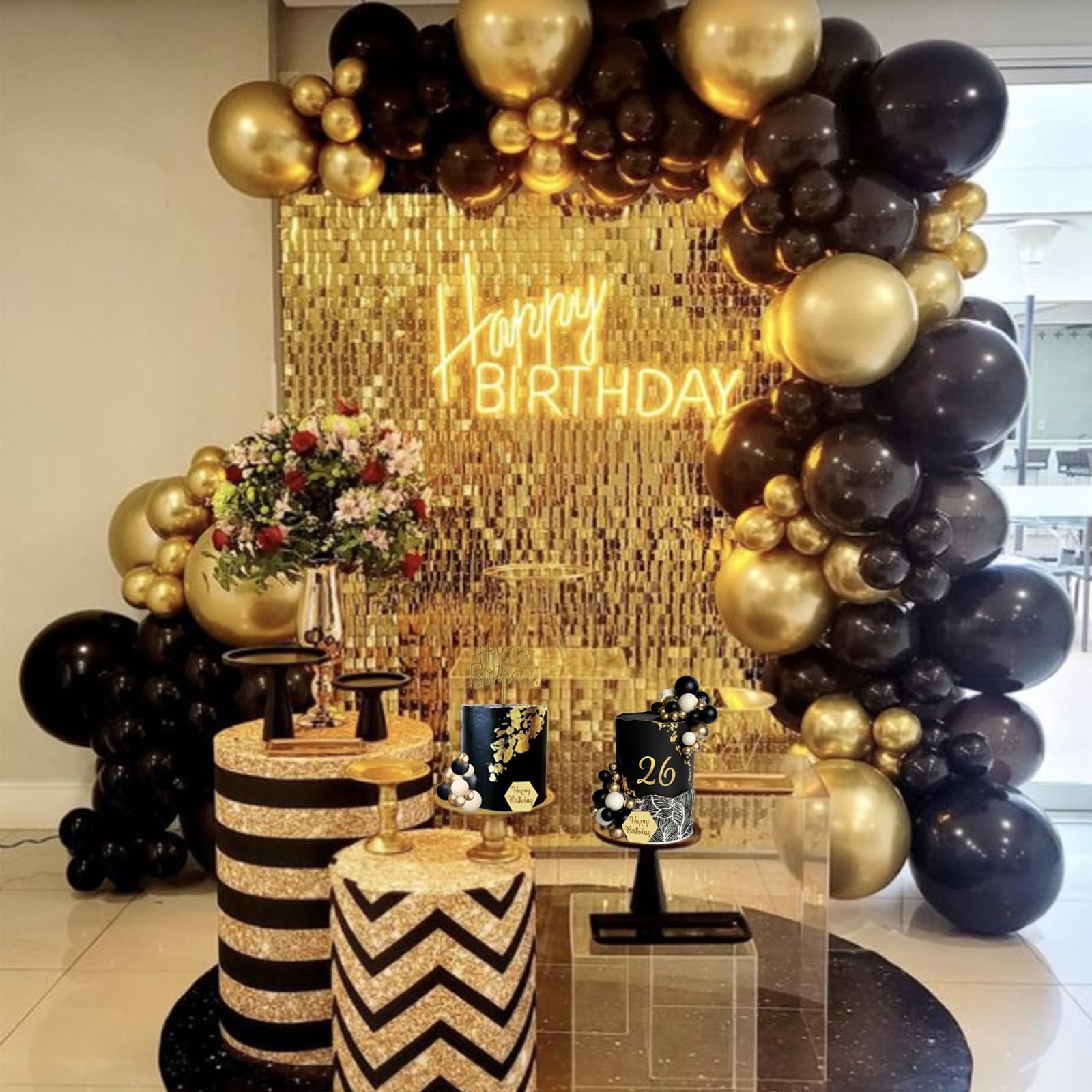 SONICEBUY 48Pcs Balls Cake Toppers – Black Gold White Balls, Acrylic Numbers 0-9, Happy Birthday Toppers