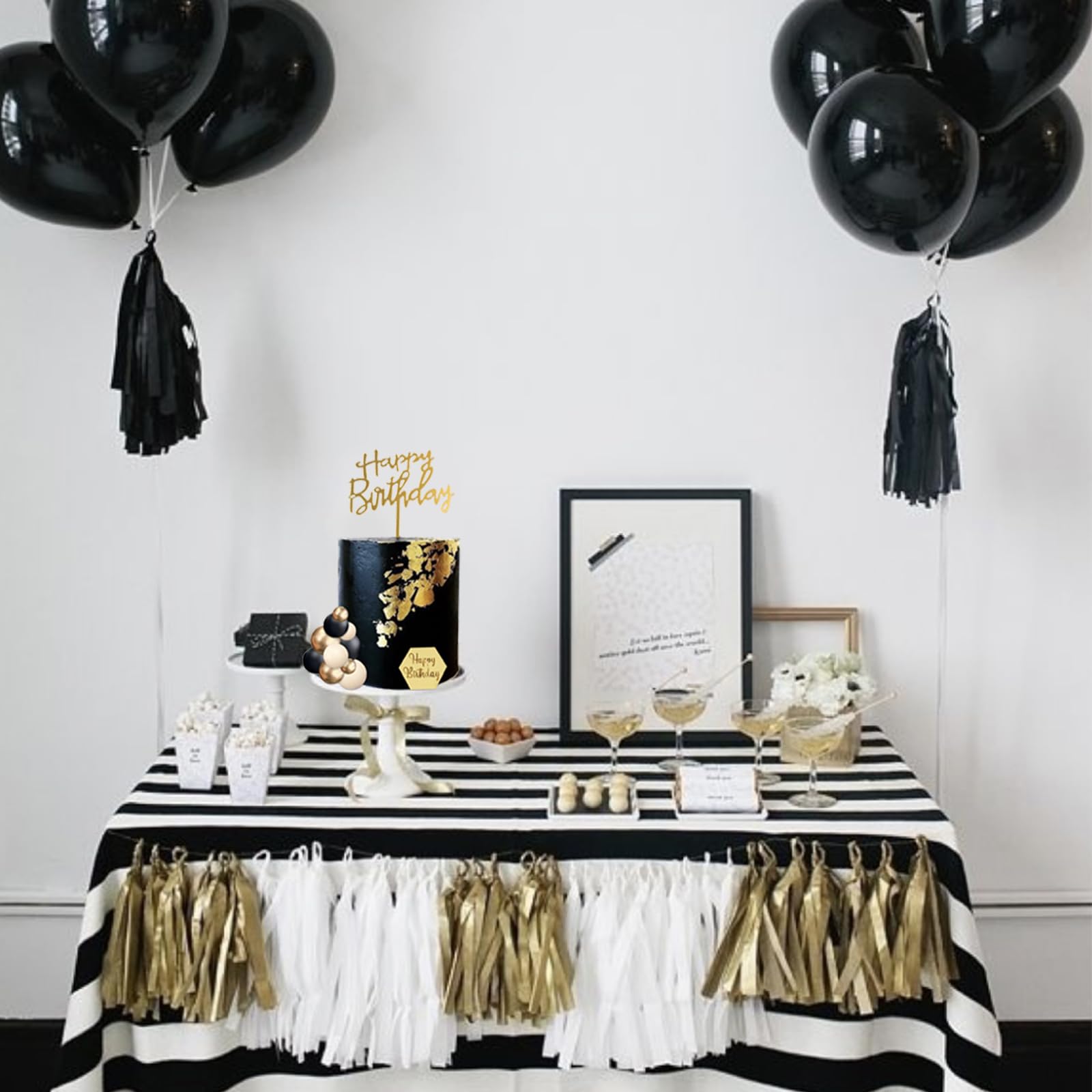 SONICEBUY 48Pcs Balls Cake Toppers – Black Gold White Balls, Acrylic Numbers 0-9, Happy Birthday Toppers