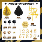 SONICEBUY 44Pcs Black & Gold Cake Topper Set – Balls, Palm Leaves, Acrylic Numbers 0-9, Happy Birthday Toppers