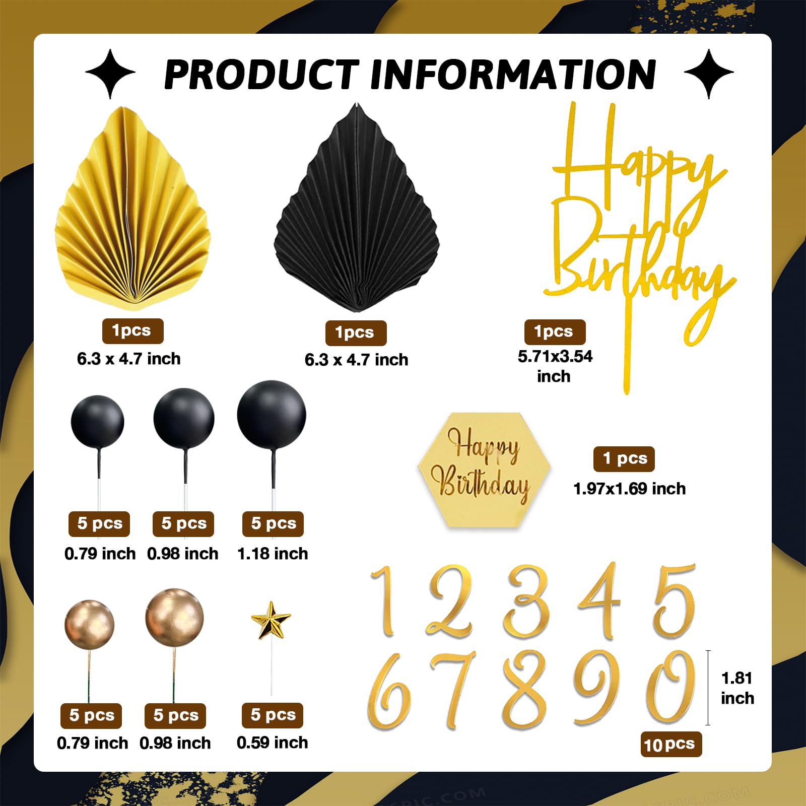 SONICEBUY 44Pcs Black & Gold Cake Topper Set – Balls, Palm Leaves, Acrylic Numbers 0-9, Happy Birthday Toppers