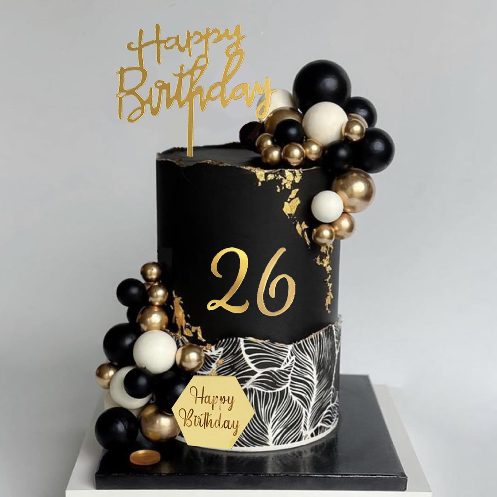 SONICEBUY 48Pcs Balls Cake Toppers – Black Gold White Balls, Acrylic Numbers 0-9, Happy Birthday Toppers