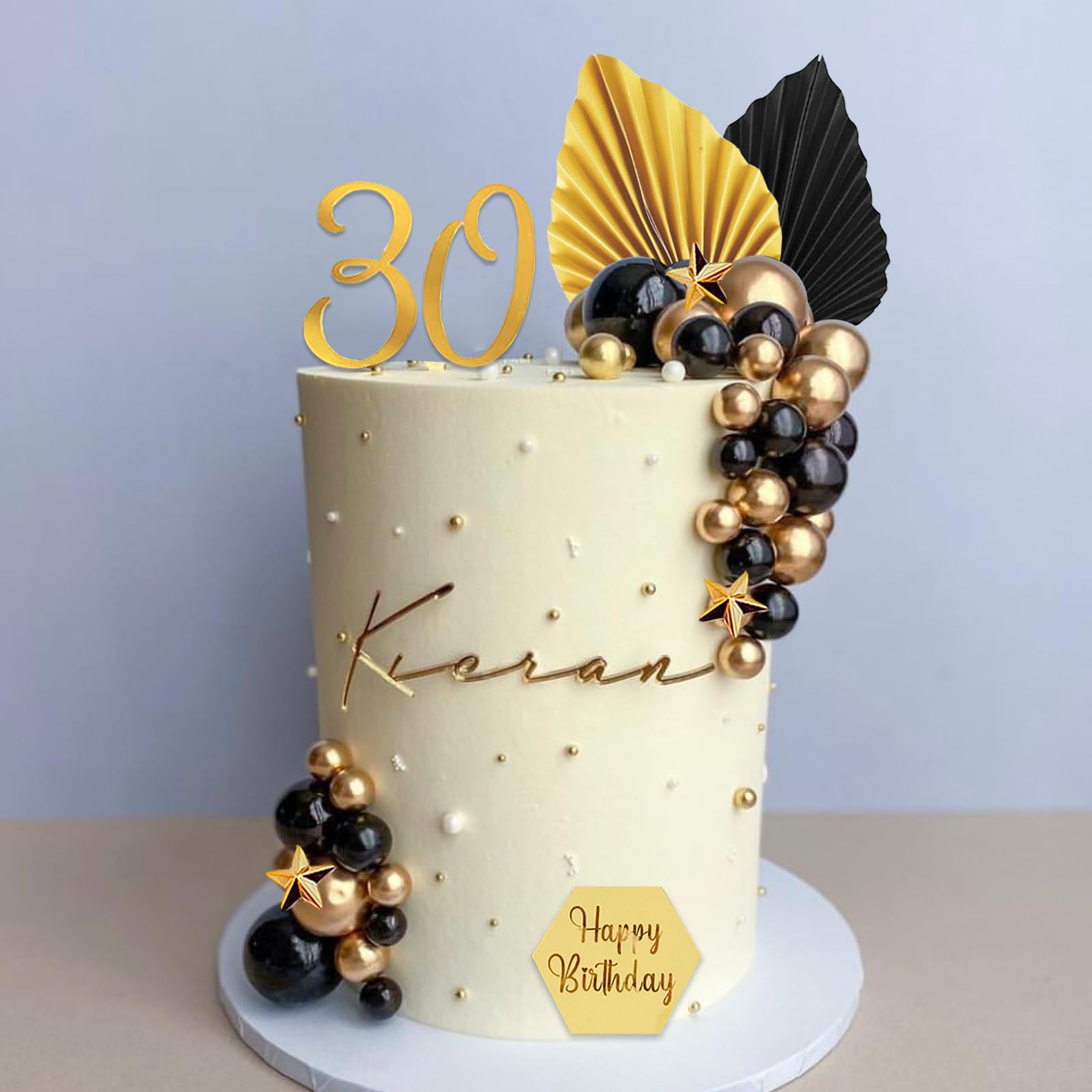 SONICEBUY 44Pcs Black & Gold Cake Topper Set – Balls, Palm Leaves, Acrylic Numbers 0-9, Happy Birthday Toppers