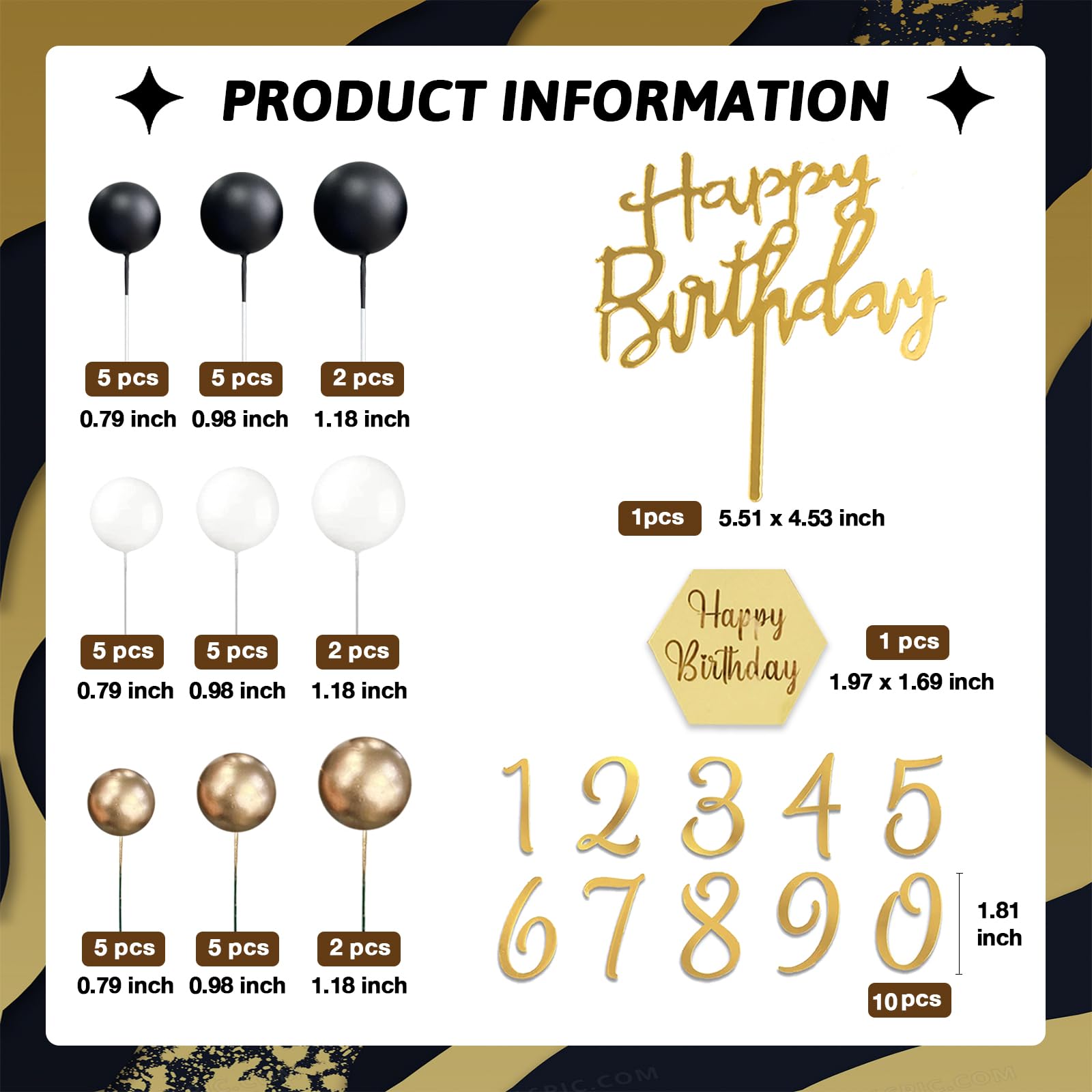 SONICEBUY 48Pcs Balls Cake Toppers – Black Gold White Balls, Acrylic Numbers 0-9, Happy Birthday Toppers
