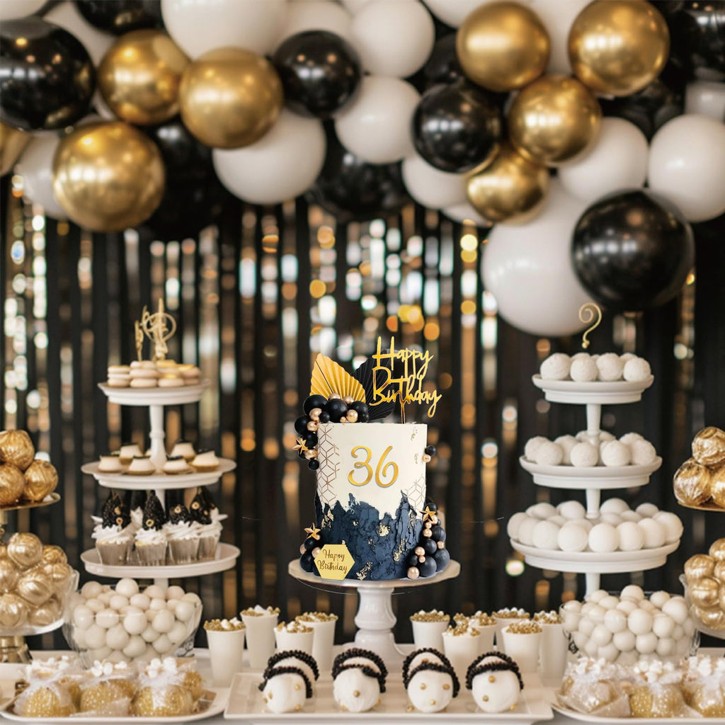 SONICEBUY 44Pcs Black & Gold Cake Topper Set – Balls, Palm Leaves, Acrylic Numbers 0-9, Happy Birthday Toppers