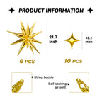 SONICEBUY Gold Star Foil Balloons Kit – 6 Large Explosion Balloons + 10 Small Four-Point Stars for Weddings & Parties