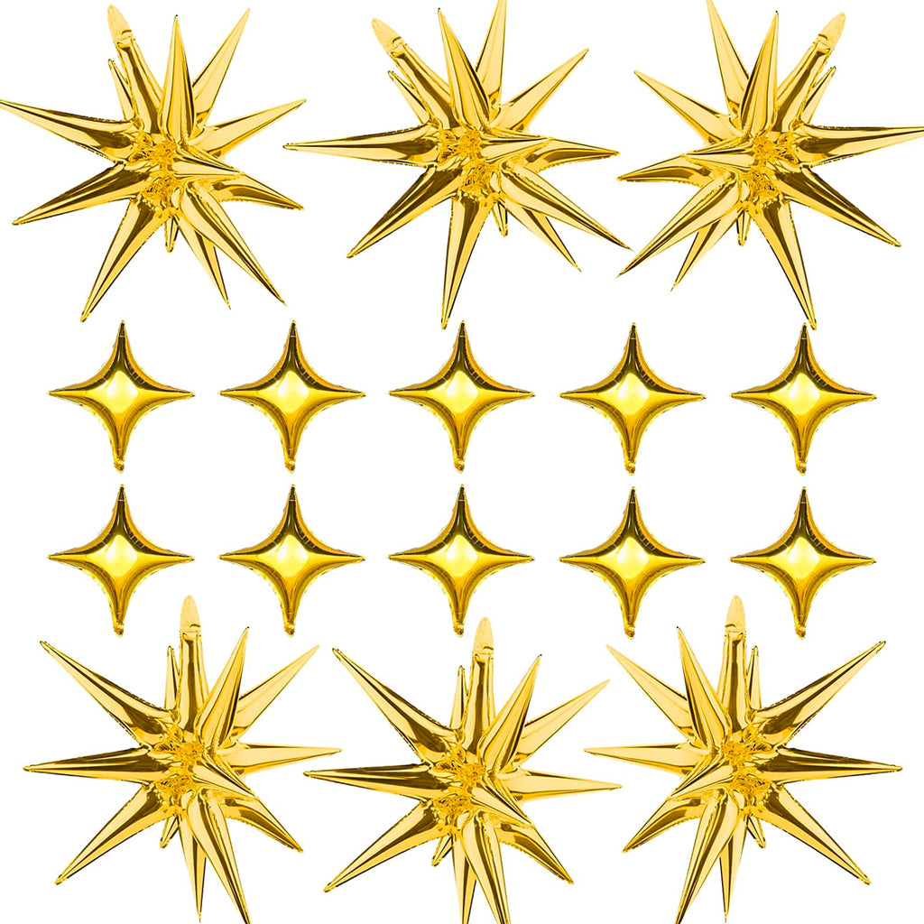 SONICEBUY Gold Star Foil Balloons Kit – 6 Large Explosion Balloons + 10 Small Four-Point Stars for Weddings & Parties
