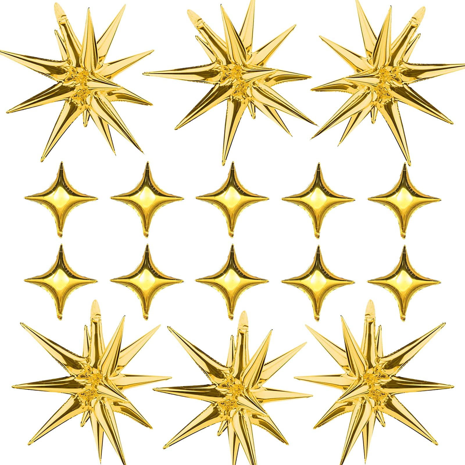 SONICEBUY Gold Star Foil Balloons Kit – 6 Large Explosion Balloons + 10 Small Four-Point Stars for Weddings & Parties