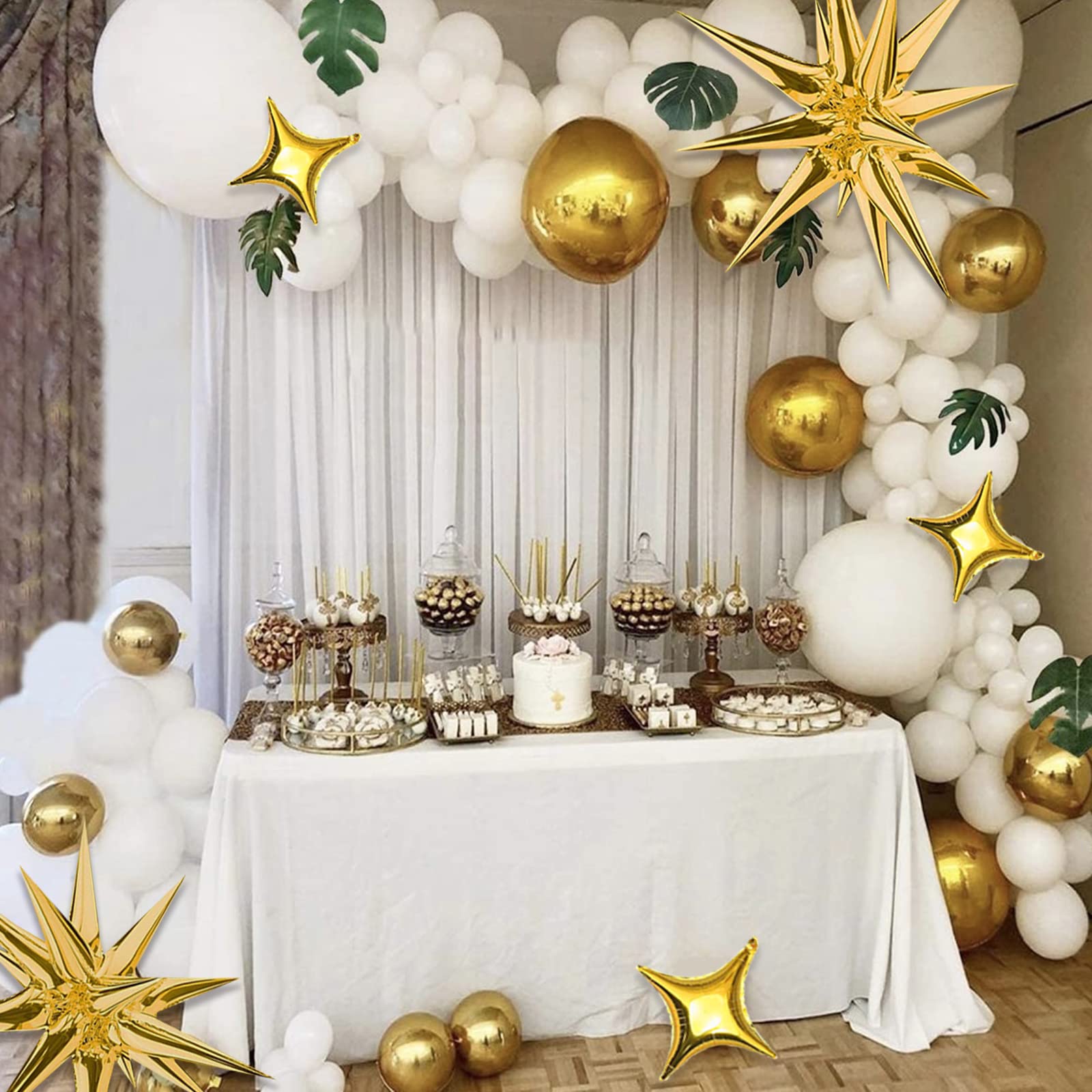 SONICEBUY Gold Star Foil Balloons Kit – 6 Large Explosion Balloons + 10 Small Four-Point Stars for Weddings & Parties