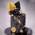 SONICEBUY 44Pcs Black & Gold Cake Topper Set – Balls, Palm Leaves, Acrylic Numbers 0-9, Happy Birthday Toppers