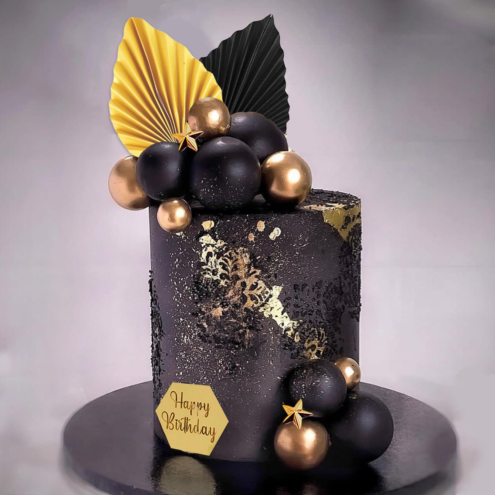 SONICEBUY 44Pcs Black & Gold Cake Topper Set – Balls, Palm Leaves, Acrylic Numbers 0-9, Happy Birthday Toppers