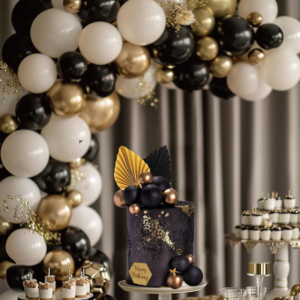SONICEBUY 44Pcs Black & Gold Cake Topper Set – Balls, Palm Leaves, Acrylic Numbers 0-9, Happy Birthday Toppers