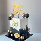 SONICEBUY 44Pcs Black & Gold Cake Topper Set – Balls, Palm Leaves, Acrylic Numbers 0-9, Happy Birthday Toppers