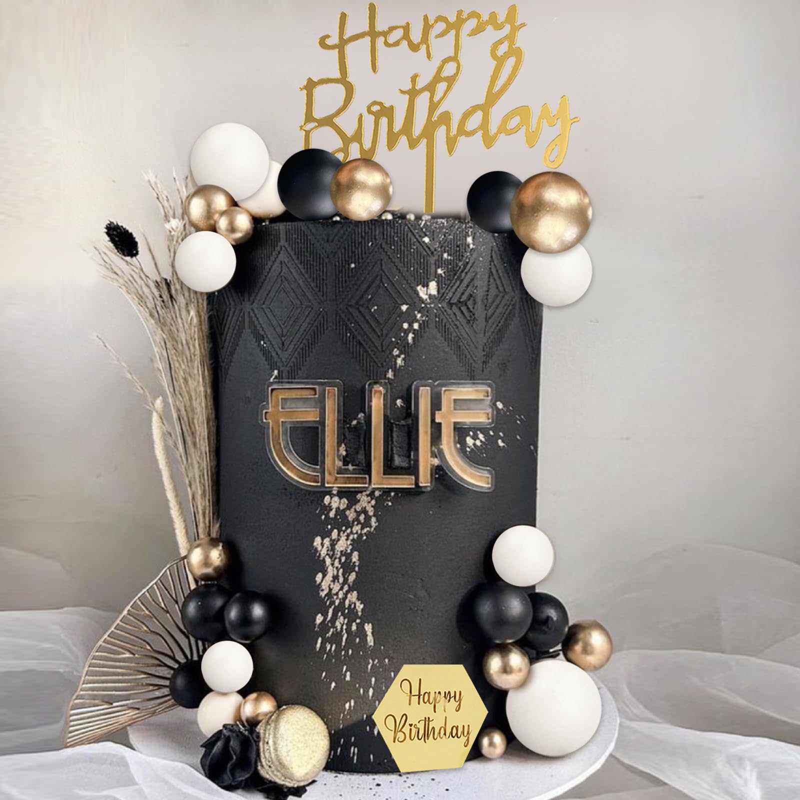 SONICEBUY 48Pcs Balls Cake Toppers – Black Gold White Balls, Acrylic Numbers 0-9, Happy Birthday Toppers