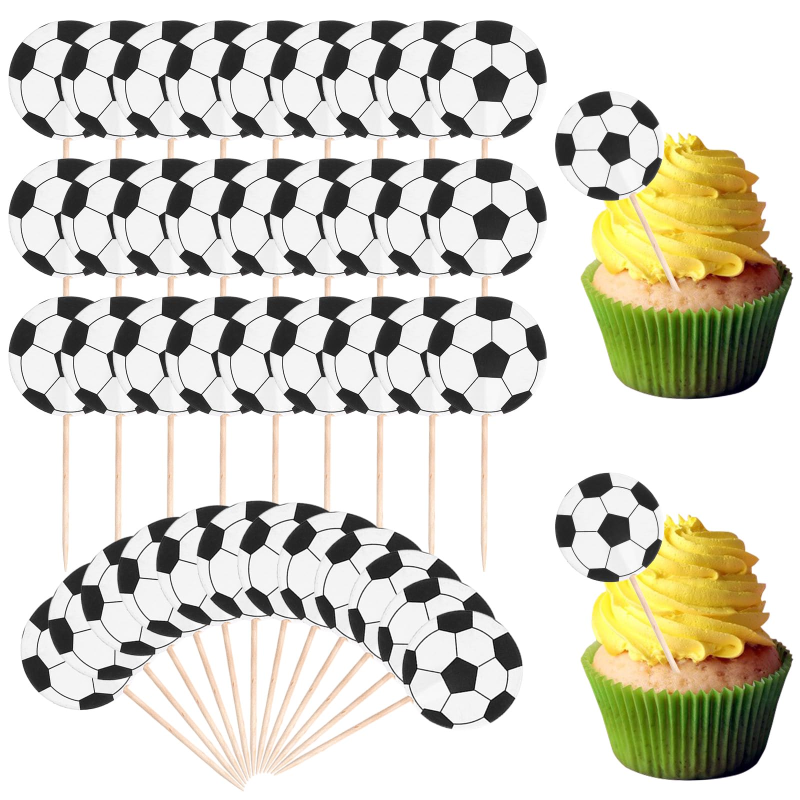 Sorcristy 48PCS Soccer Ball Cupcake Toppers – Sports Theme Football Cake Decorations