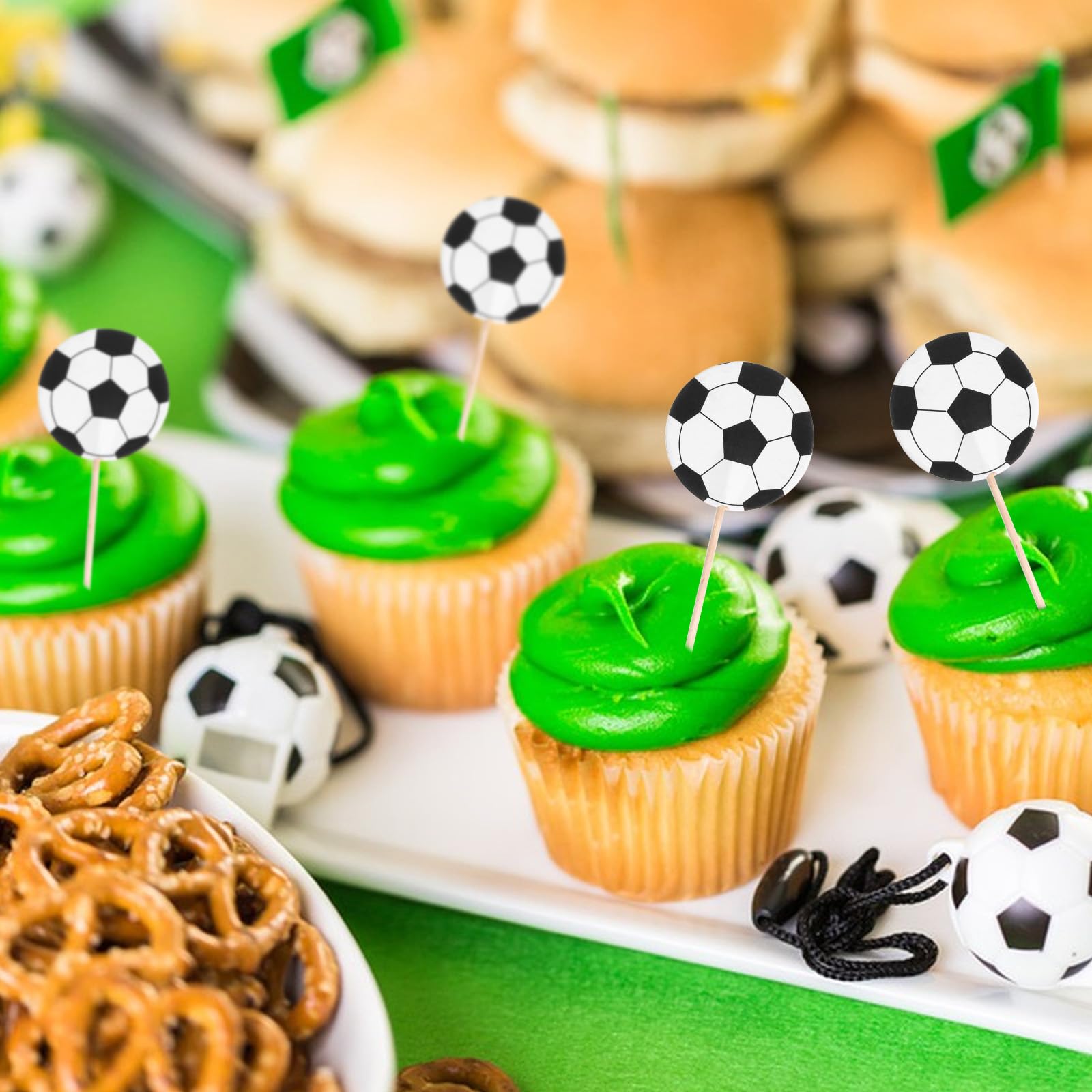 Sorcristy 48PCS Soccer Ball Cupcake Toppers – Sports Theme Football Cake Decorations