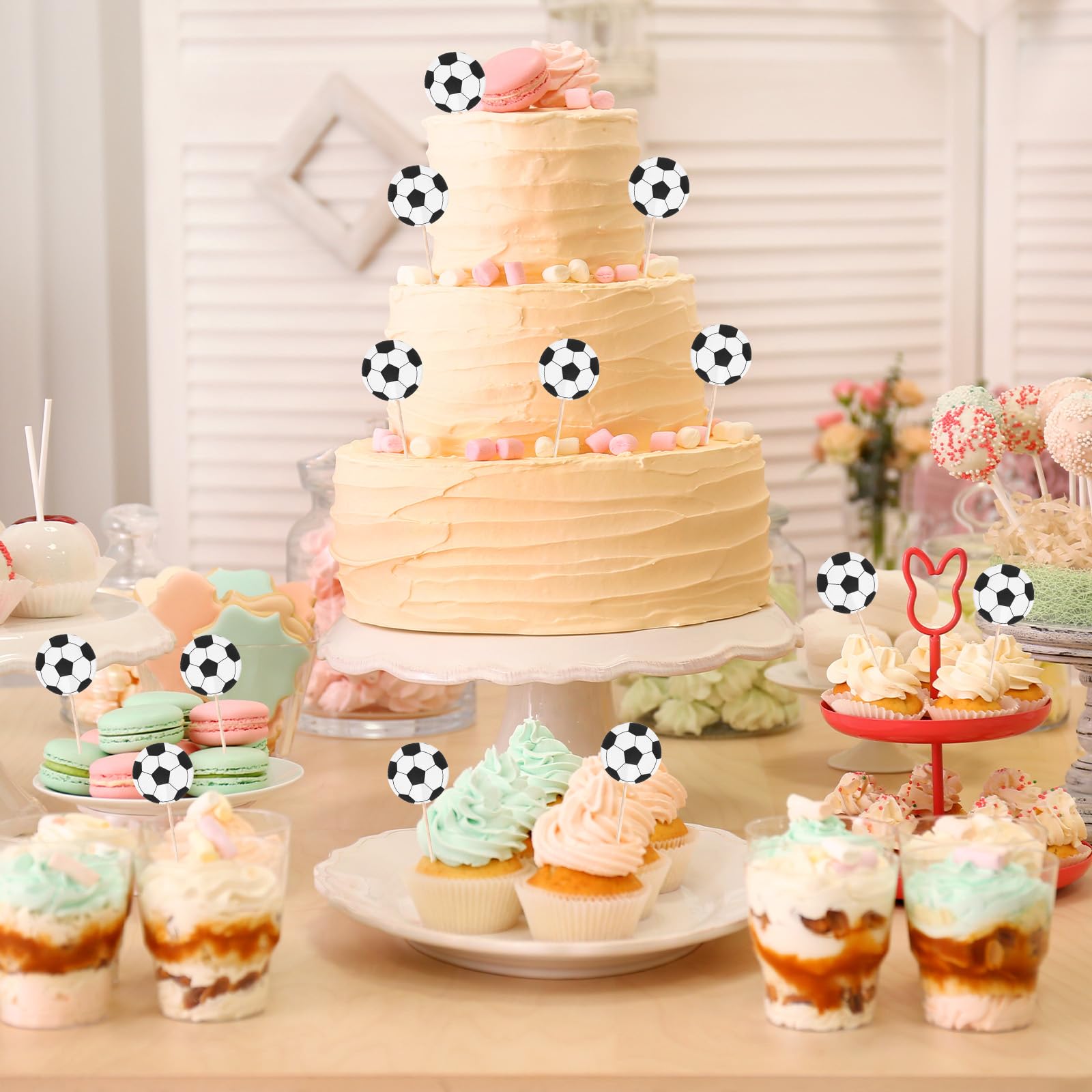 Sorcristy 48PCS Soccer Ball Cupcake Toppers – Sports Theme Football Cake Decorations