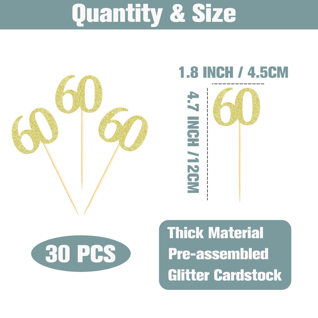 Sotpot 30PCS Gold Glitter 60th Birthday Cupcake Toppers – Cheers to 60 Years