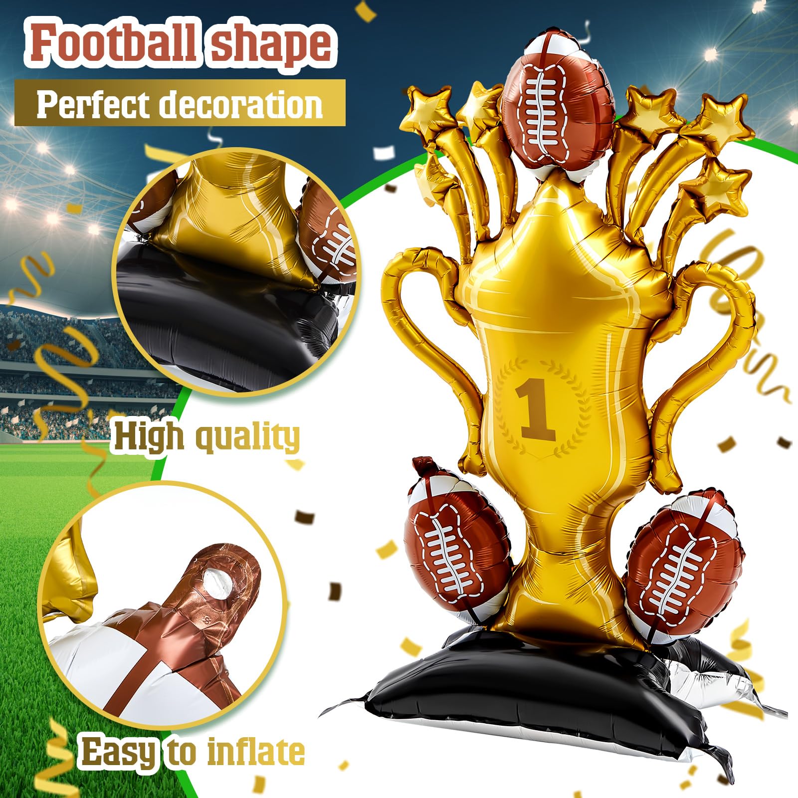 Soulchen 5 ft Giant Self-Standing Football Foil Balloons – 2 Pcs Trophy Base for Sports Birthday Decor