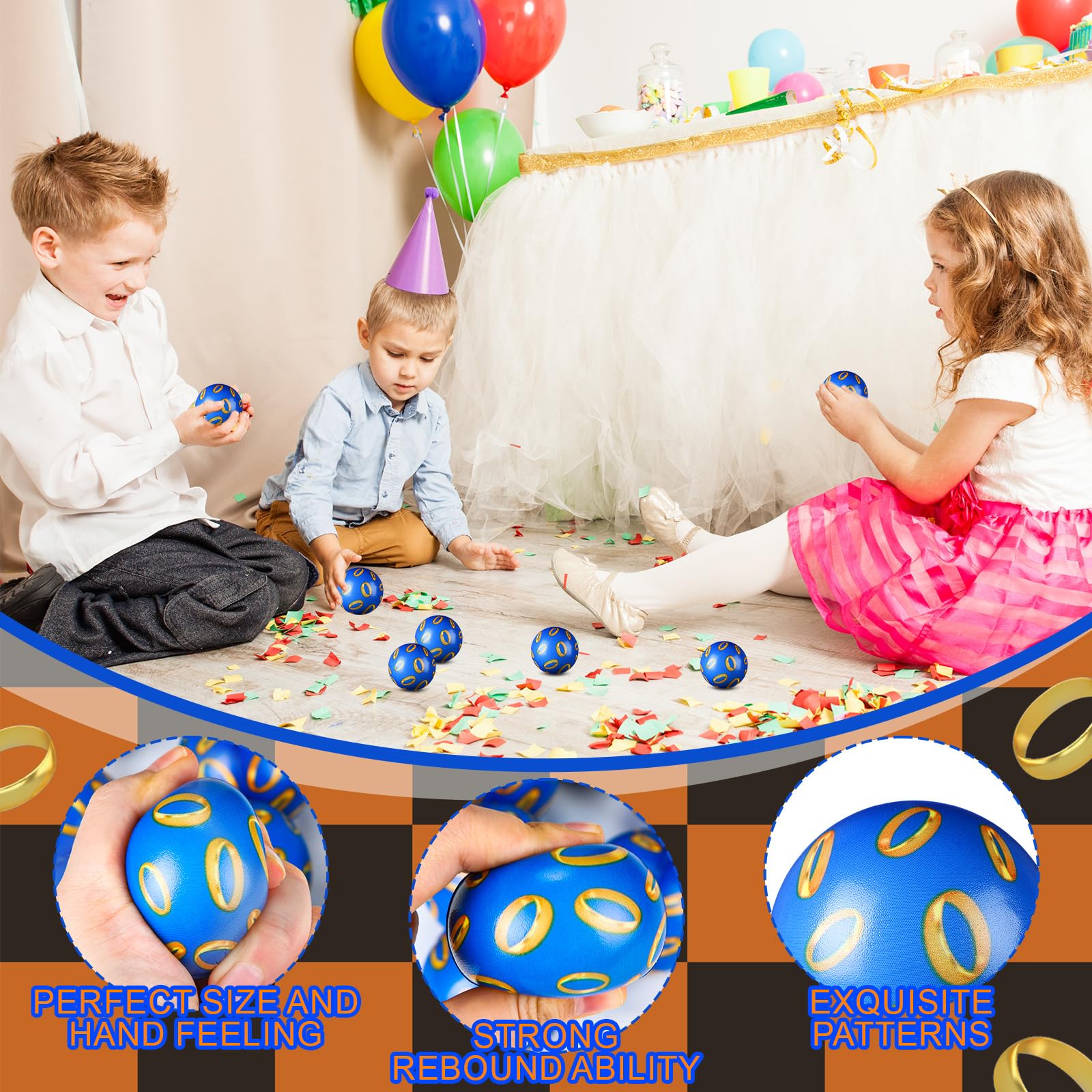 Soulchen 12-Pcs Blue & Golden Rings Stress Balls – Sensory Fidget Toys for Kids Party Favors
