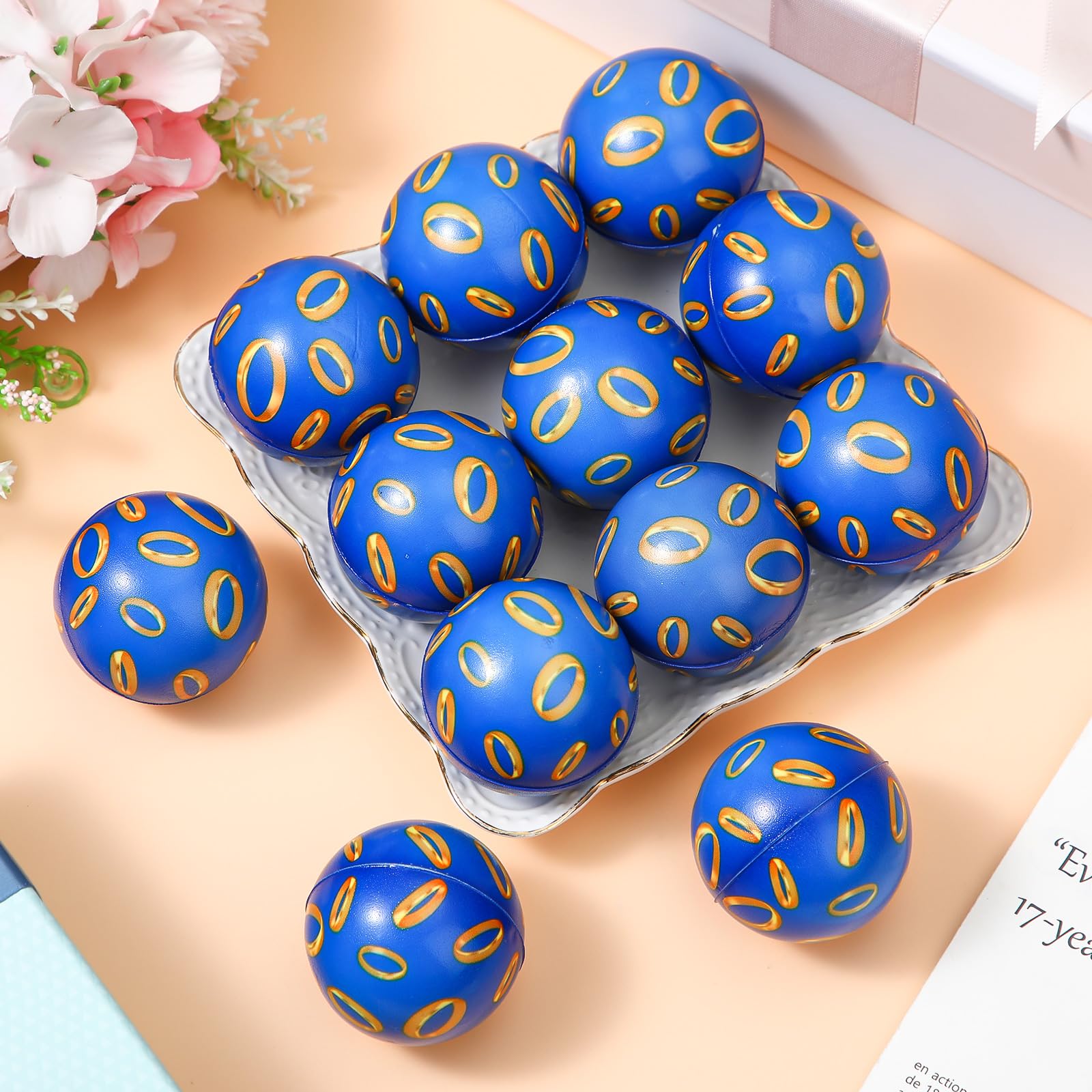 Soulchen 24 Blue & Gold Ring Stress Balls – Fidget Toys, Squeeze for Stress Relief, Party Favors