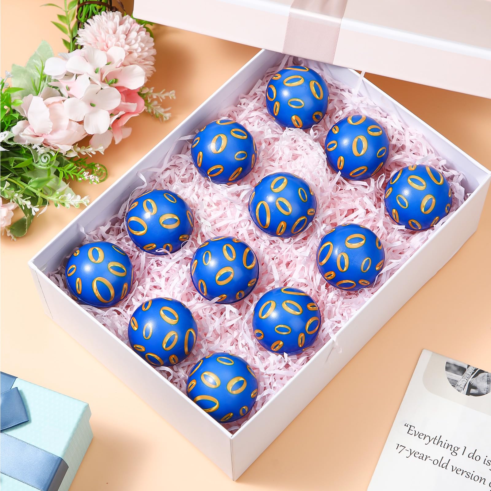 Soulchen 12-Pcs Blue & Golden Rings Stress Balls – Sensory Fidget Toys for Kids Party Favors