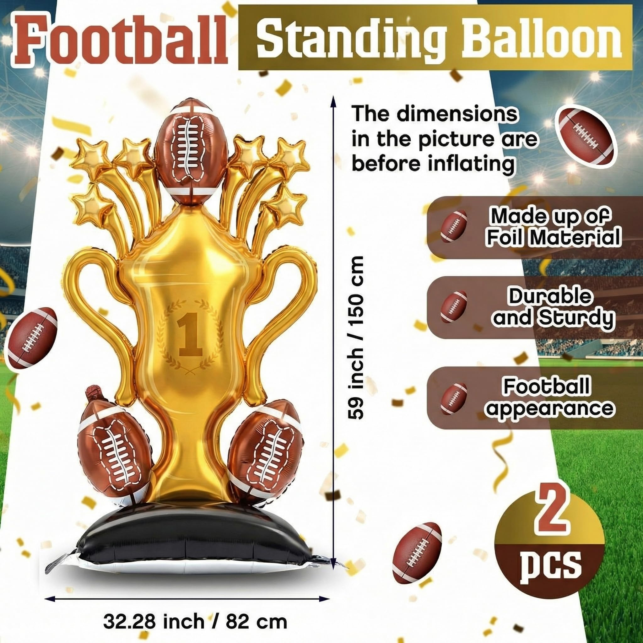 Soulchen 5 ft Giant Self-Standing Football Foil Balloons – 2 Pcs Trophy Base for Sports Birthday Decor