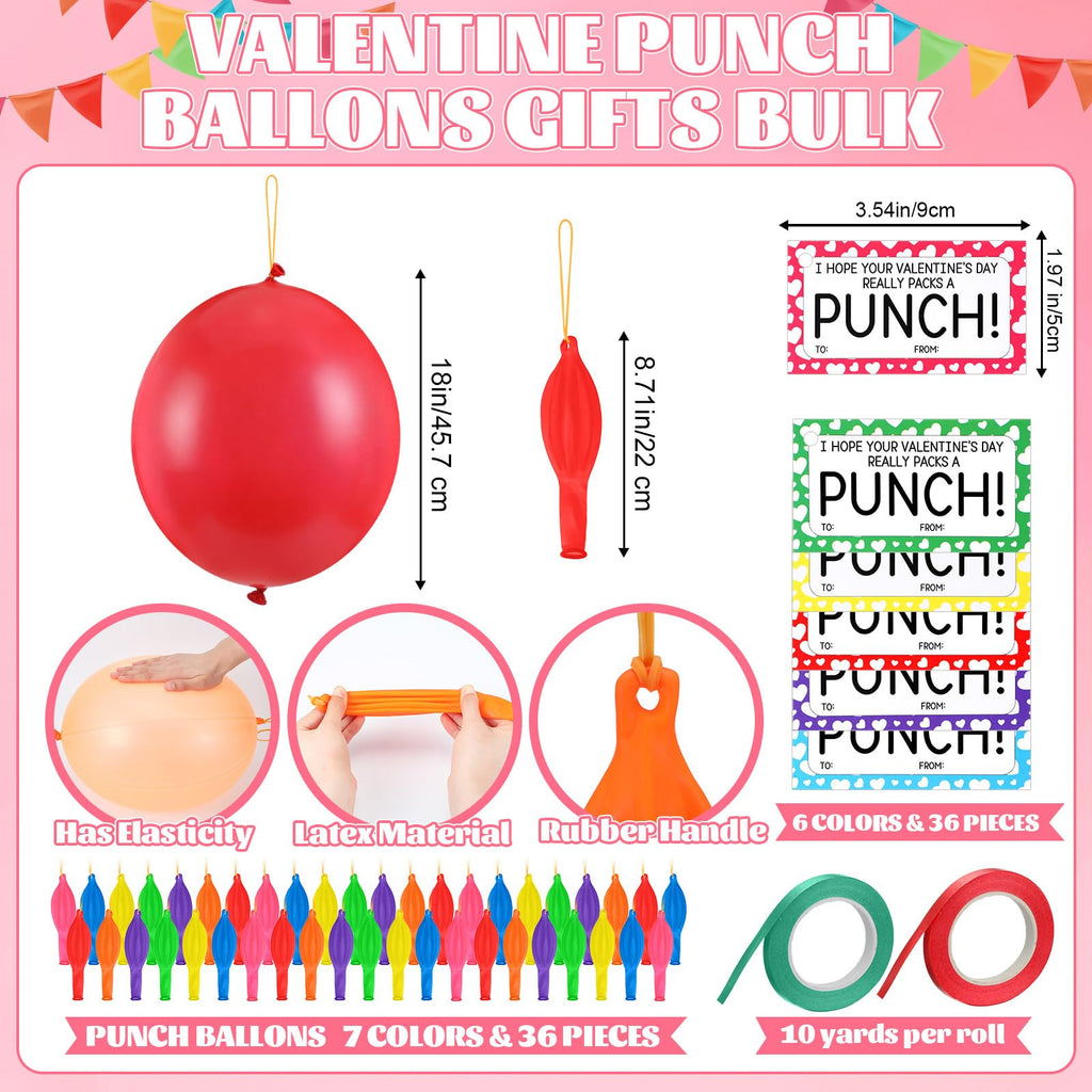 Soulchen 74-Piece Valentine’s Day Gift Set for Kids – Neon Punch Balloons, Cards & Ribbons