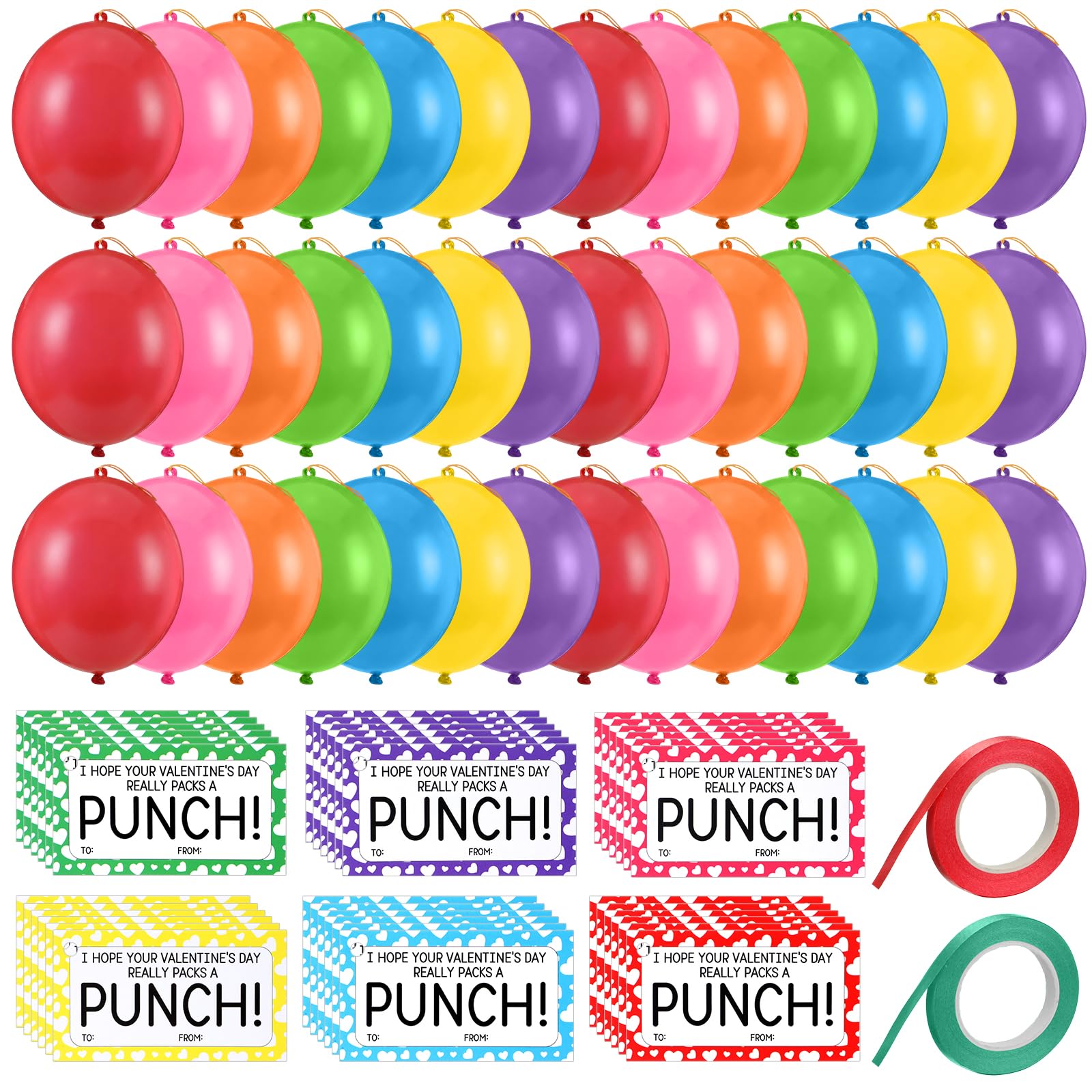 Soulchen 74-Piece Valentine’s Day Gift Set for Kids – Neon Punch Balloons, Cards & Ribbons