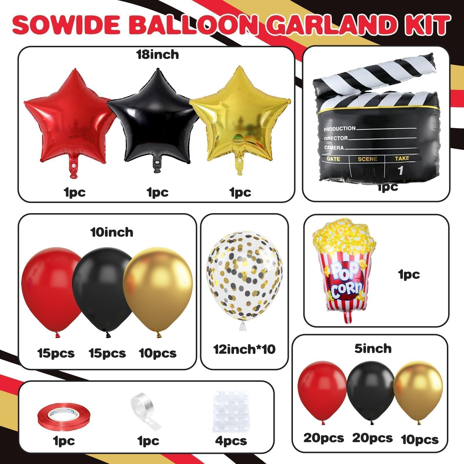 Sowide Movie Night Balloon Garland Arch Kit – Red, Black & Gold with Clapperboard & Star Foil Balloons
