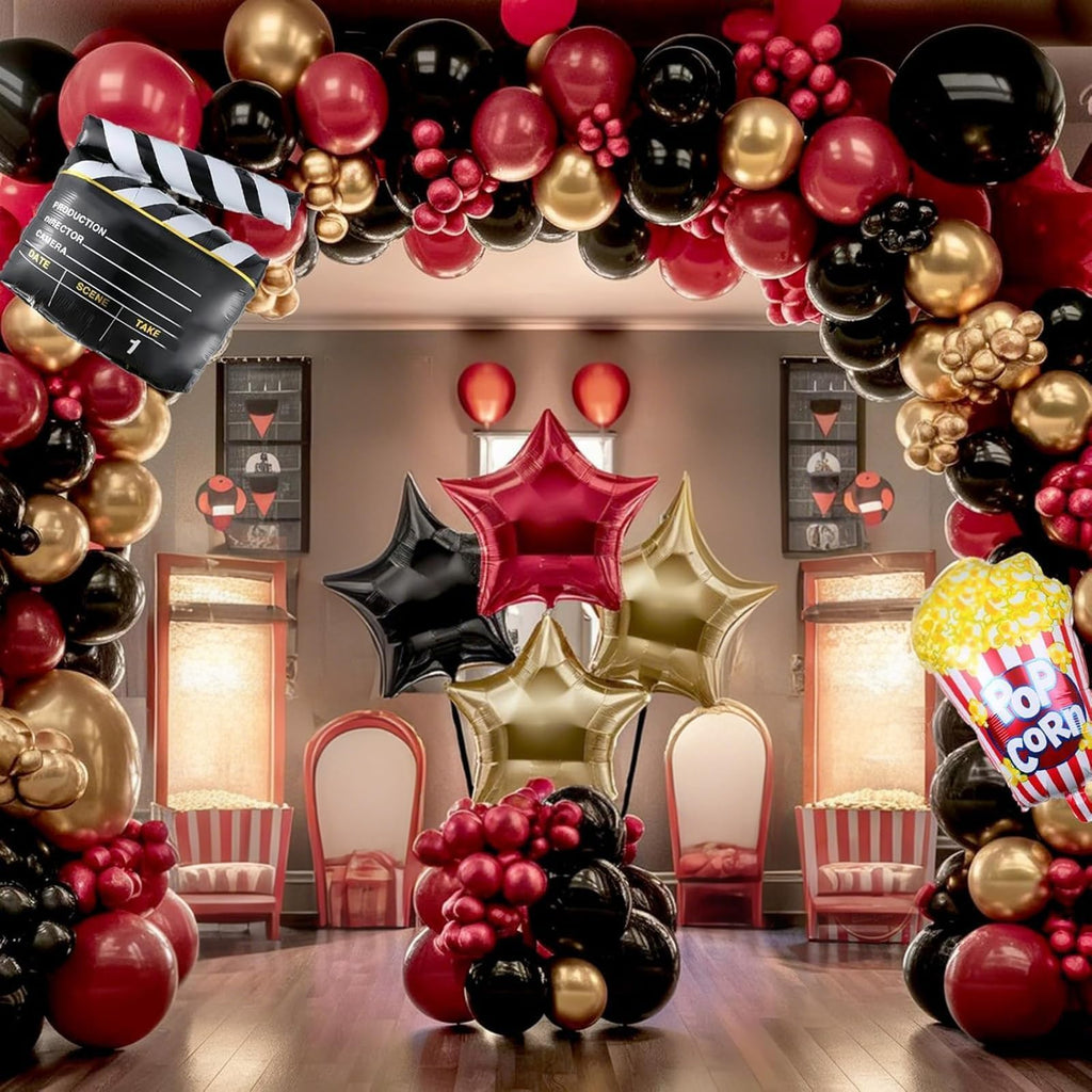 Sowide Movie Night Balloon Garland Arch Kit – Red, Black & Gold with Clapperboard & Star Foil Balloons