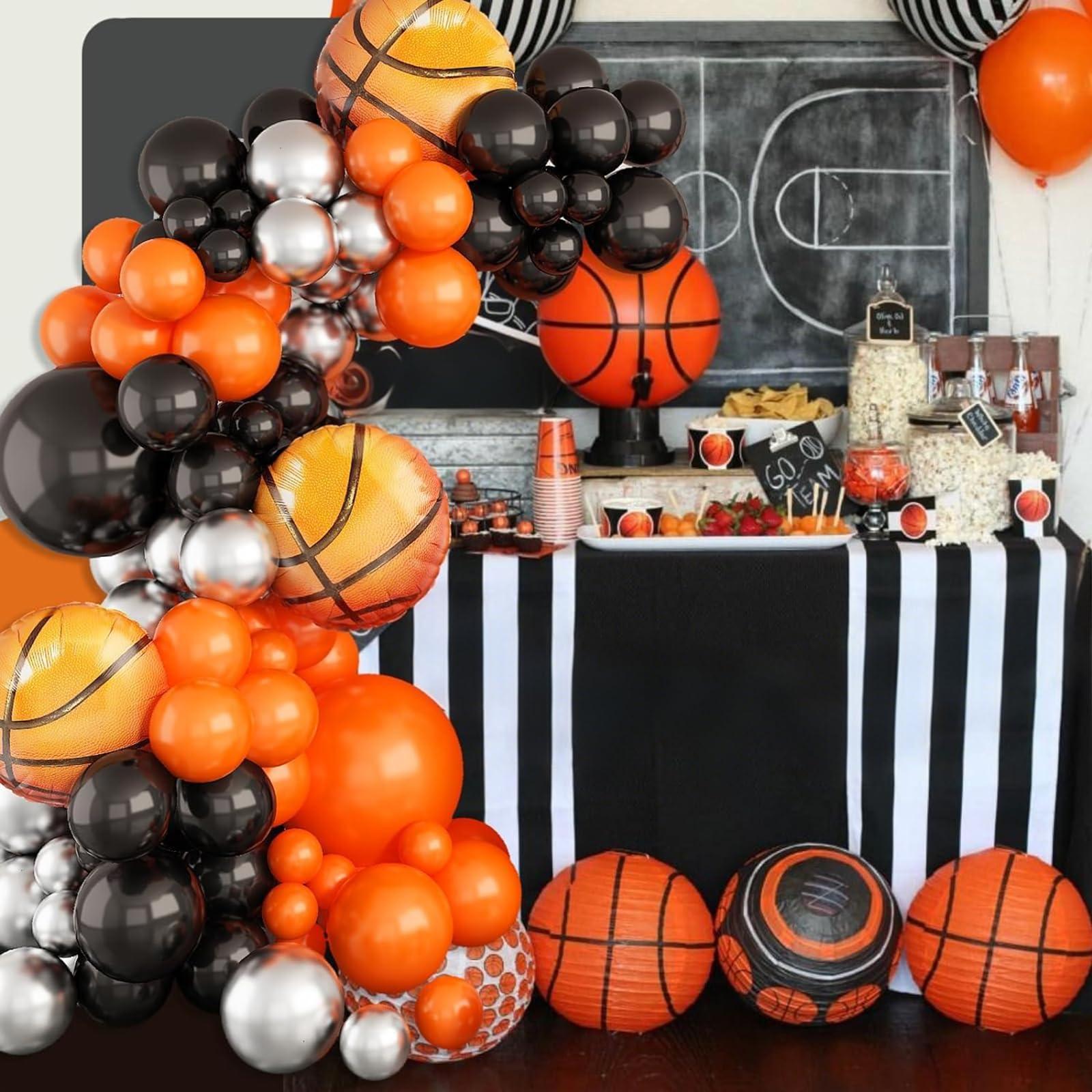 Sowide Basketball Balloons Garland Kit – Orange, Black & Silver Metallic Balloons