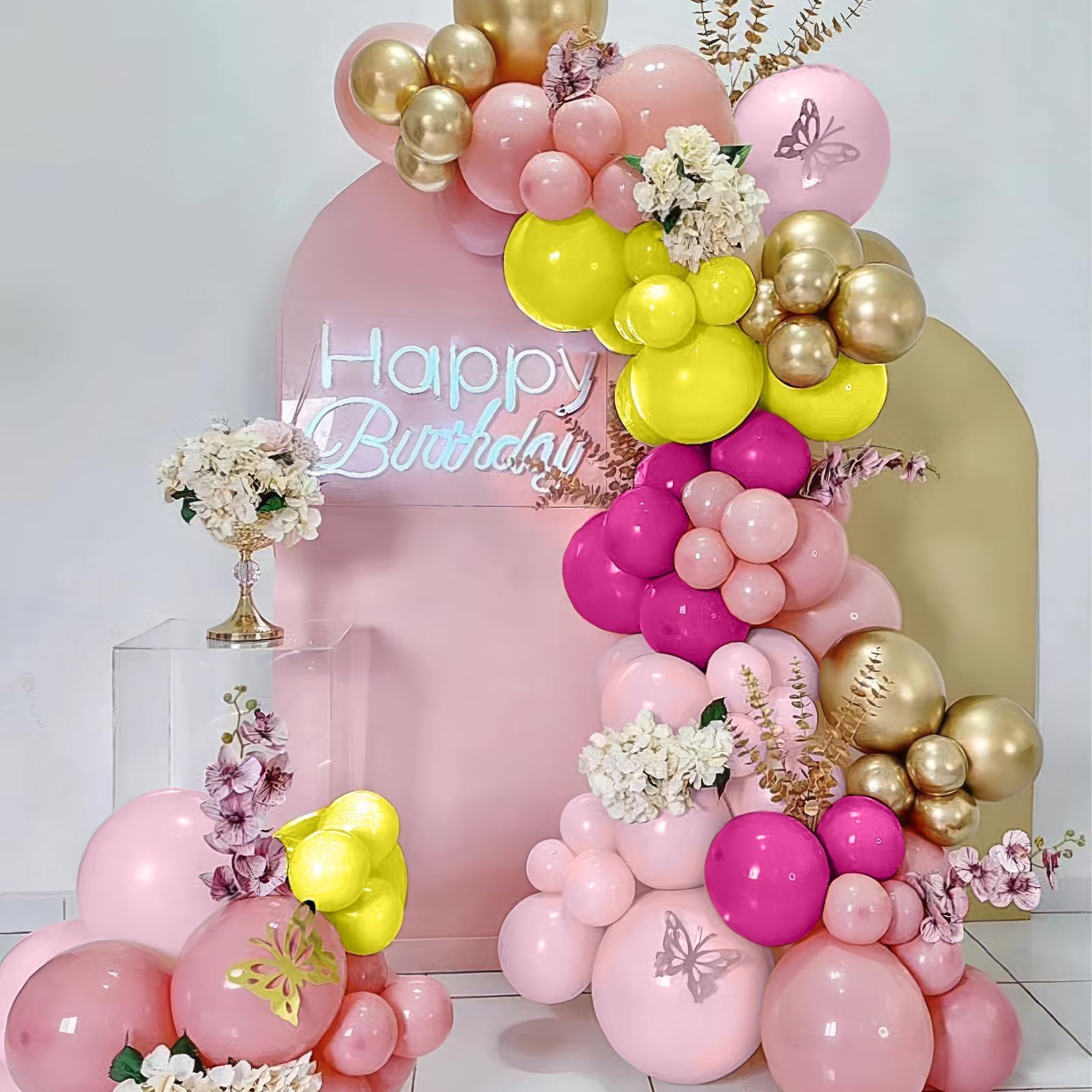 Sowide Yellow Pink Balloon Kit - 60pcs, 12in Balloons with Metallic Gold for Parties