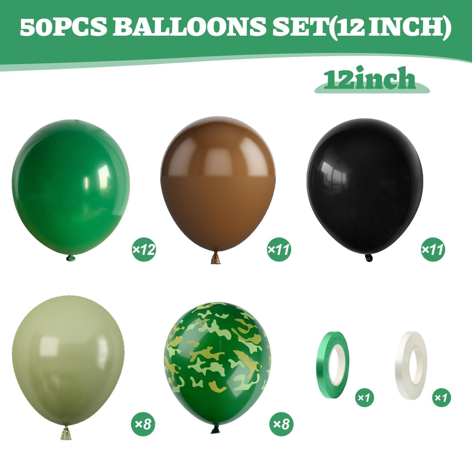 Sowide Camouflage Balloons – 50Pcs 12in Green, Brown, Black, Avocado & Camo for Dino Jungle Theme Parties