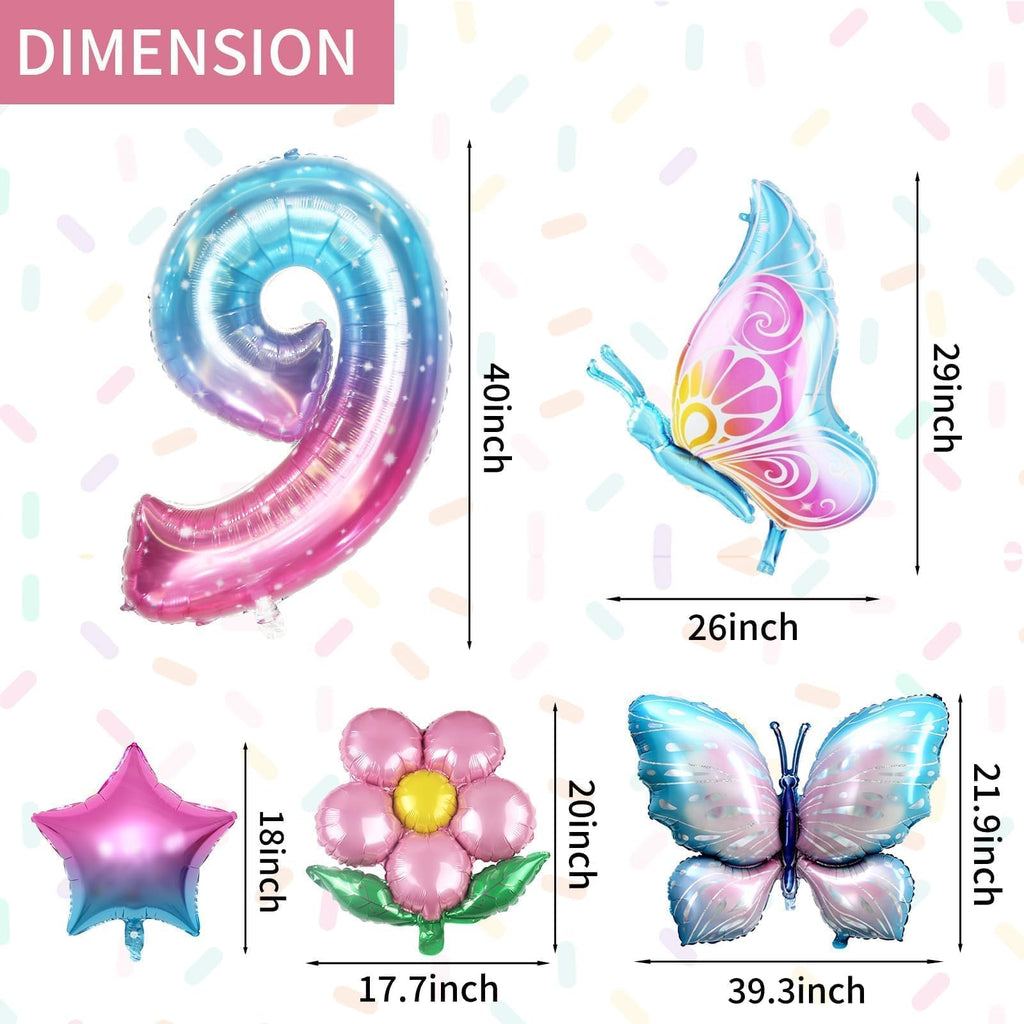 Sowide Butterfly Balloons 9th Birthday Decorations – Pink & Blue, 7pc Foil Set with Giant Number 9, Butterfly, Flower & Star Balloons
