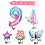 Sowide Butterfly Balloons 9th Birthday Decorations – Pink & Blue, 7pc Foil Set with Giant Number 9, Butterfly, Flower & Star Balloons