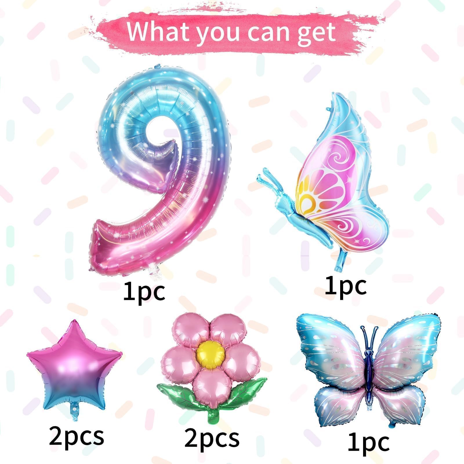 Sowide Butterfly Balloons 9th Birthday Decorations – Pink & Blue, 7pc Foil Set with Giant Number 9, Butterfly, Flower & Star Balloons