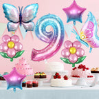 Sowide Butterfly Balloons 9th Birthday Decorations – Pink & Blue, 7pc Foil Set with Giant Number 9, Butterfly, Flower & Star Balloons