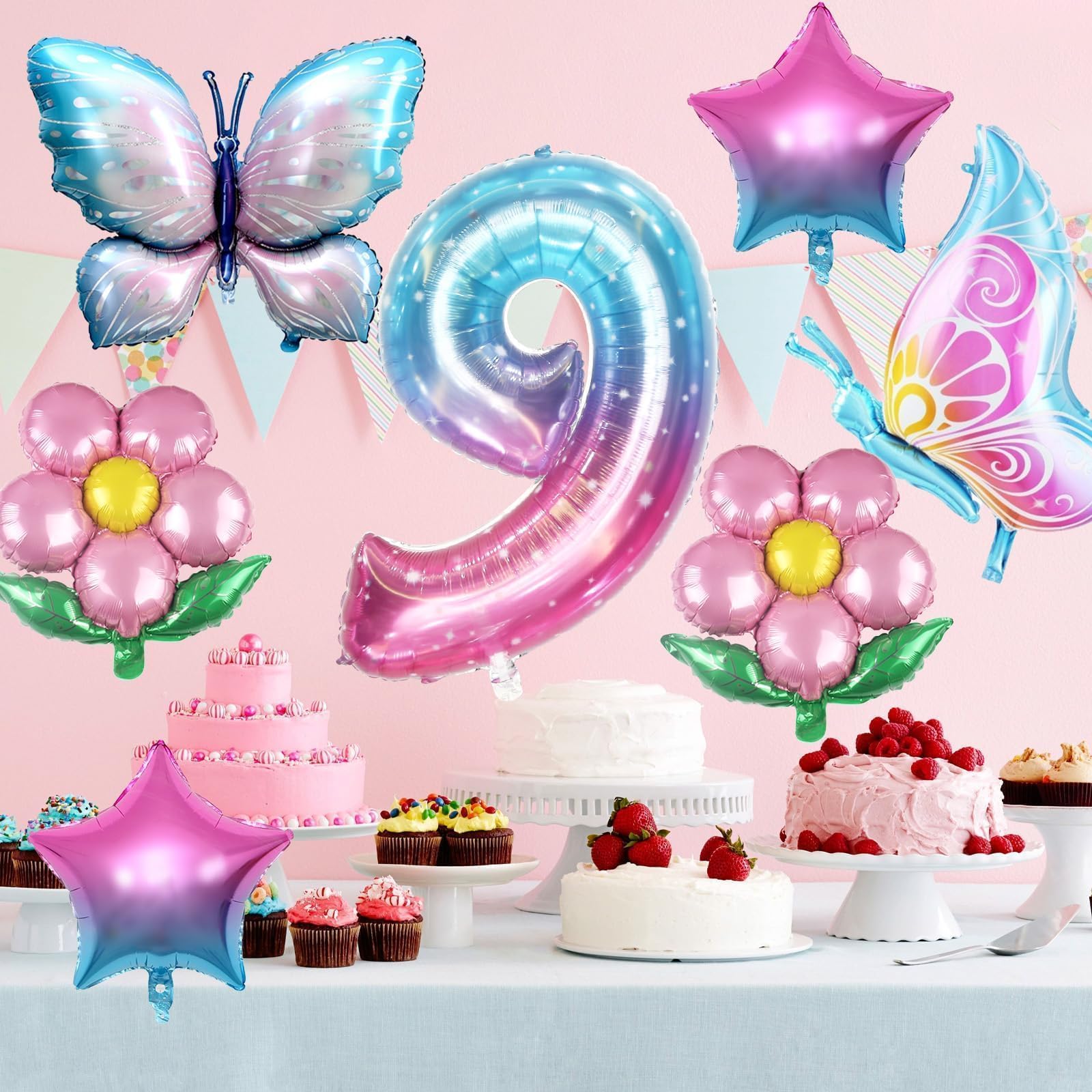 Sowide Butterfly Balloons 9th Birthday Decorations – Pink & Blue, 7pc Foil Set with Giant Number 9, Butterfly, Flower & Star Balloons