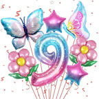 Sowide Butterfly Balloons 9th Birthday Decorations – Pink & Blue, 7pc Foil Set with Giant Number 9, Butterfly, Flower & Star Balloons