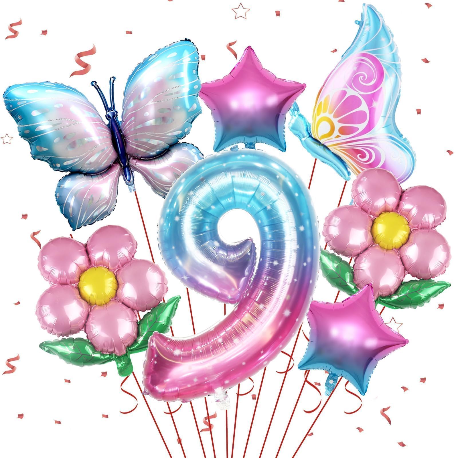 Sowide Butterfly Balloons 9th Birthday Decorations – Pink & Blue, 7pc Foil Set with Giant Number 9, Butterfly, Flower & Star Balloons