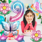 Sowide Butterfly Balloons 9th Birthday Decorations – Pink & Blue, 7pc Foil Set with Giant Number 9, Butterfly, Flower & Star Balloons