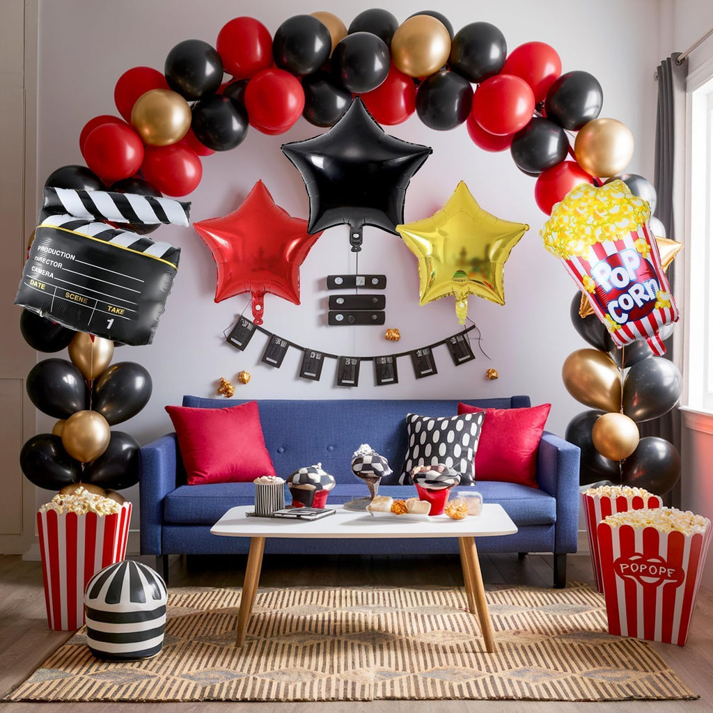 Sowide Movie Night Balloon Garland Arch Kit – Red, Black & Gold with Clapperboard & Star Foil Balloons