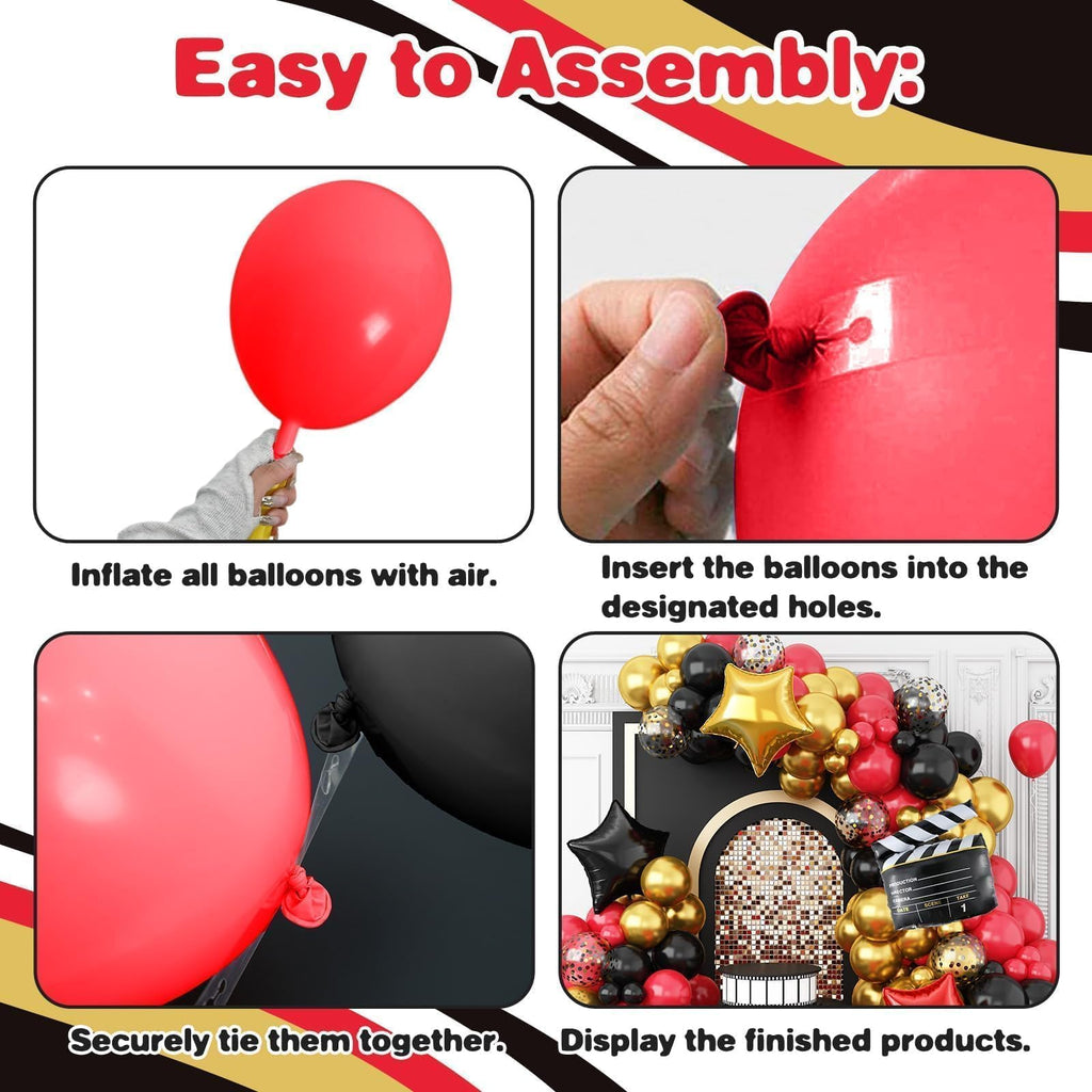 Sowide Movie Night Balloon Garland Arch Kit – Red, Black & Gold with Clapperboard & Star Foil Balloons