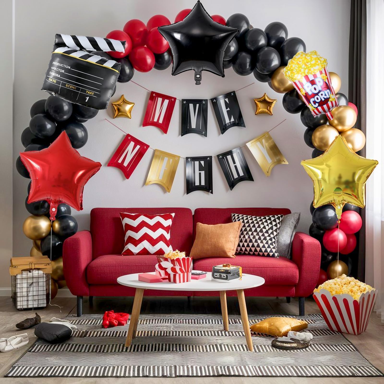 Sowide Movie Night Balloon Garland Arch Kit – Red, Black & Gold with Clapperboard & Star Foil Balloons