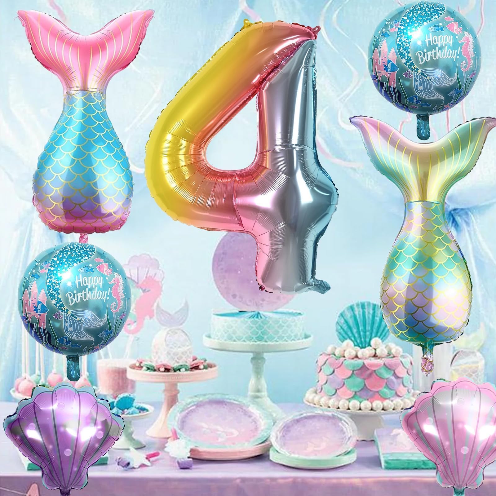 Sowide 4th Mermaid Birthday Decorations Kit – Pink & Blue Balloons, 40in Number 4